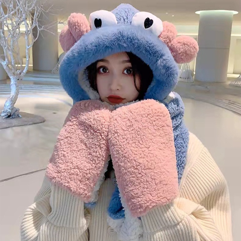 Mũ trùm đầu kiêm khăn choàng cổ 3 trong 1 thiết kế tai thỏ giữ ấm mùa đông cho nữ