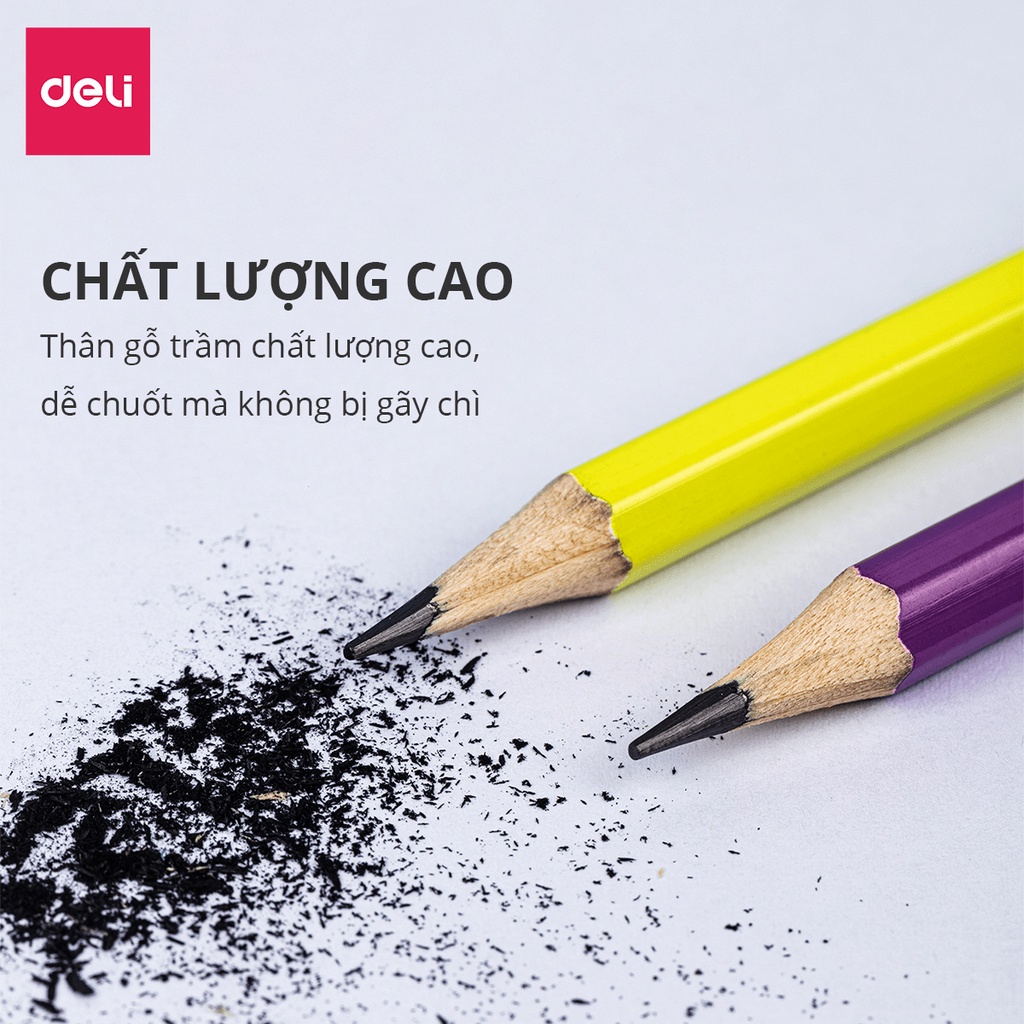 Hộp Bút chì lục giác 2B Nhiều màu Deli - 50 chiếc - Thân gỗ mềm, Dễ gọt, Kèm đầu tẩy tiện dụng, Đỏ, Xanh, Tím, Vàng