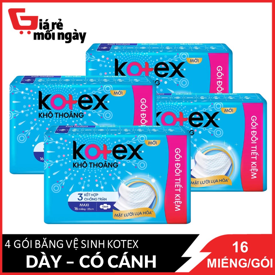 Combo 4 Băng Vệ Sinh Maxi Có Cánh 23cm Kotex Khô Thoáng Kết Hợp 3 Chống Tràn 16 miếng