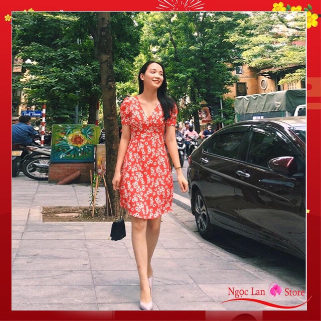 Váy hoa nhí cổ V nhún ngực