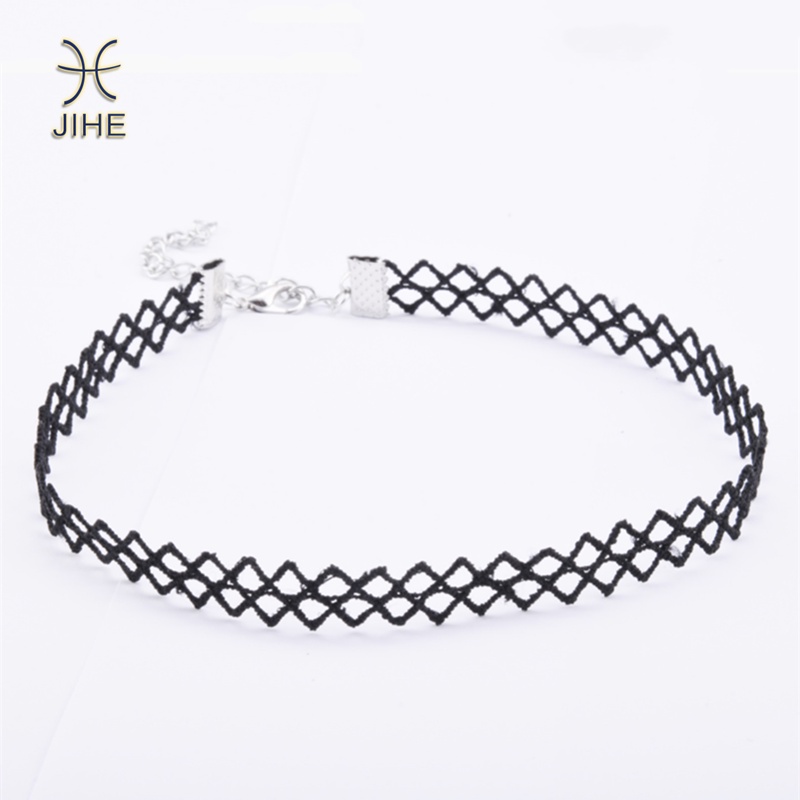 【JIHE】Vòng cổ ren đính đá kim cương đen thời trang