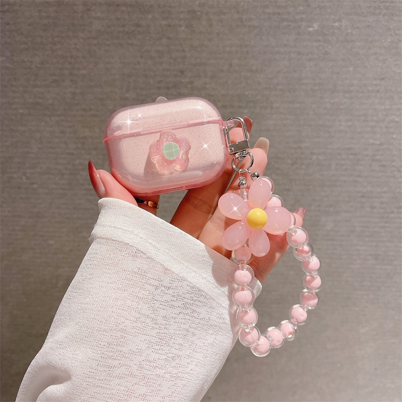 Vỏ Bảo Vệ Hộp Sạc Tai Nghe AirPods Pro AirPods 1 2 AirPods 3 Màu Hồng Lấp Lánh Gắn Vòng Hoa