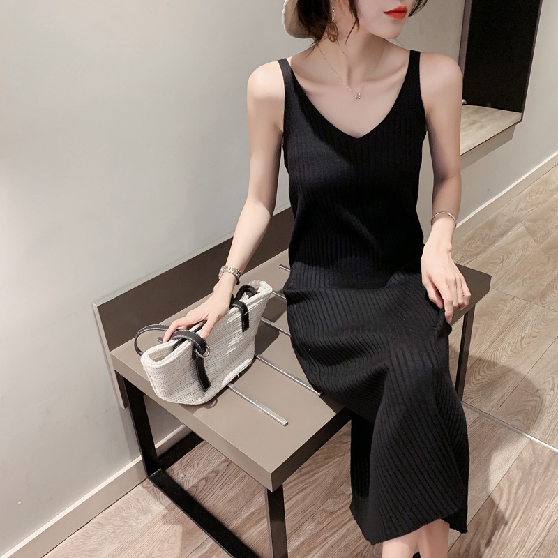 Váy Len Cổ Tim Đầm dệt kim 2 dây cổ chữ V dáng dài thời trang xuân hè cho nữ chất len co dãn mềm mịn C2-28