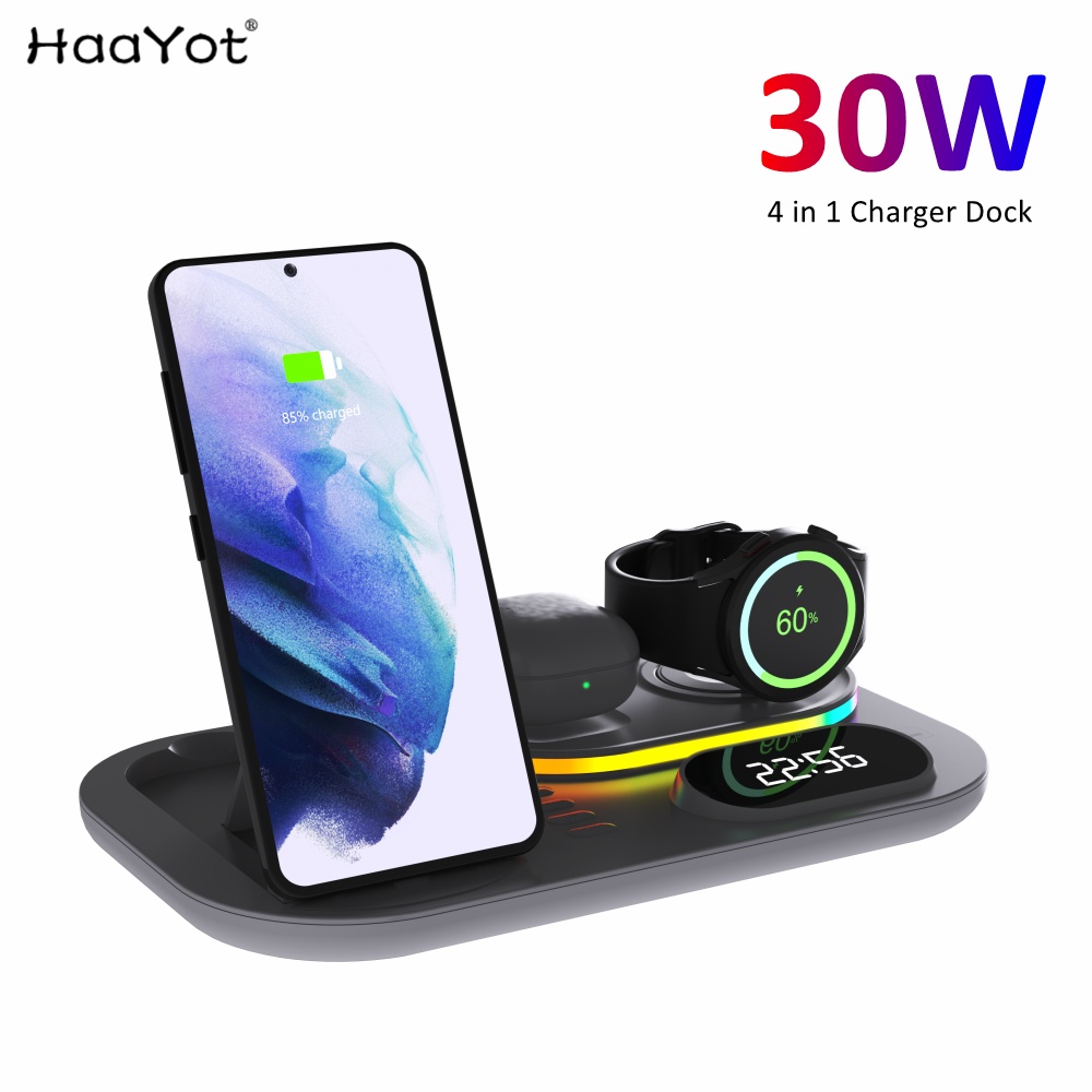 Đế Sạc Không Dây 4 Trong 1 Qi 4 / 3 / Active 2 RGB 30W Cho Apple Airpods iPhone Samsung S22 Ultra S21 Note 20 buds Pro Live