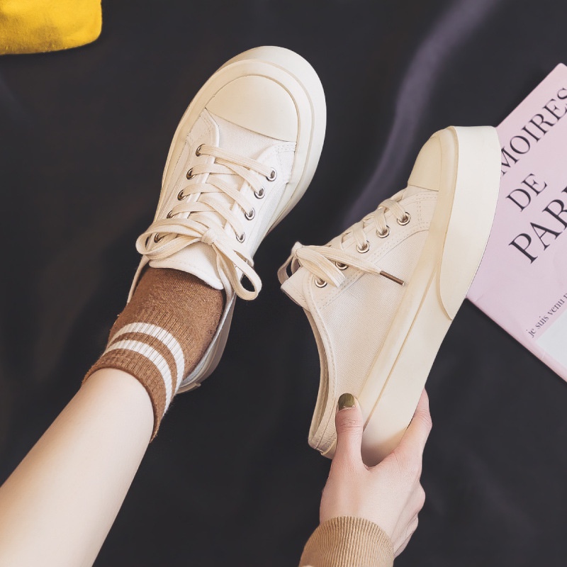 Giày Sục Ulzzang dây buộc thể thao nữ đế bánh mì vải mềm màu đen trắng năng động trẻ trung hot trend đẹp