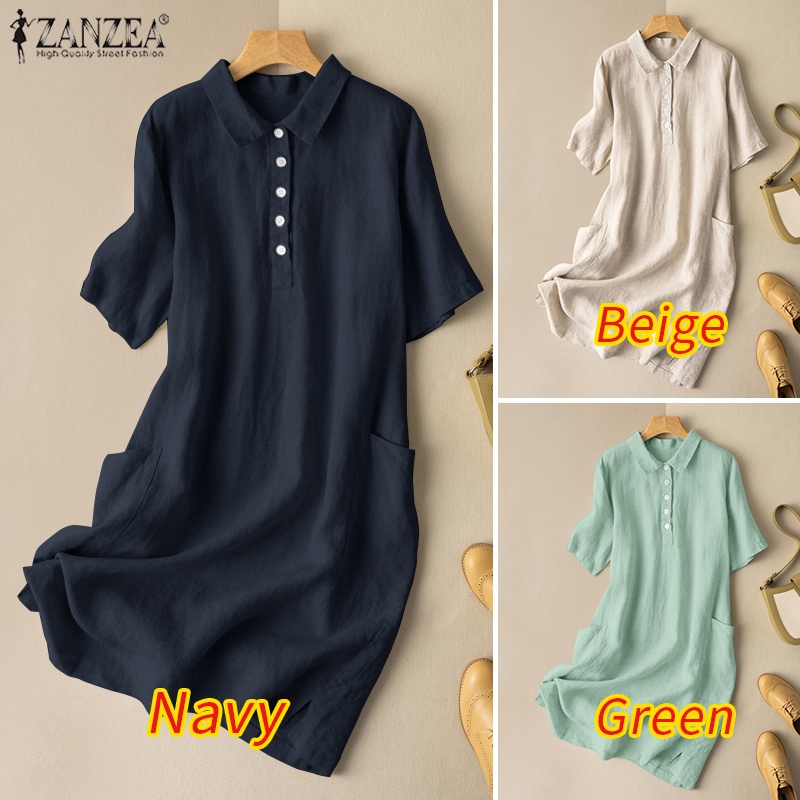 Đầm midi Zanzea tay ngắn cổ bẻ có túi bên dáng rộng sành điệu cho nữ