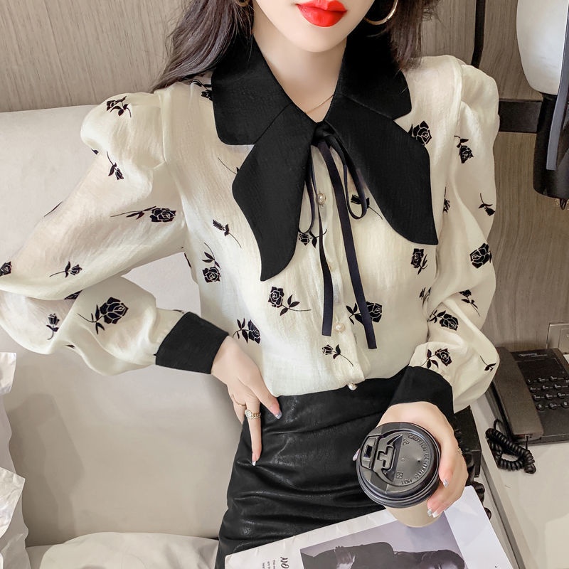2022 autumn new bow collar Hepburn broken flower blouse feminine bubble long-sleeved chiffon bottomed shirt girl