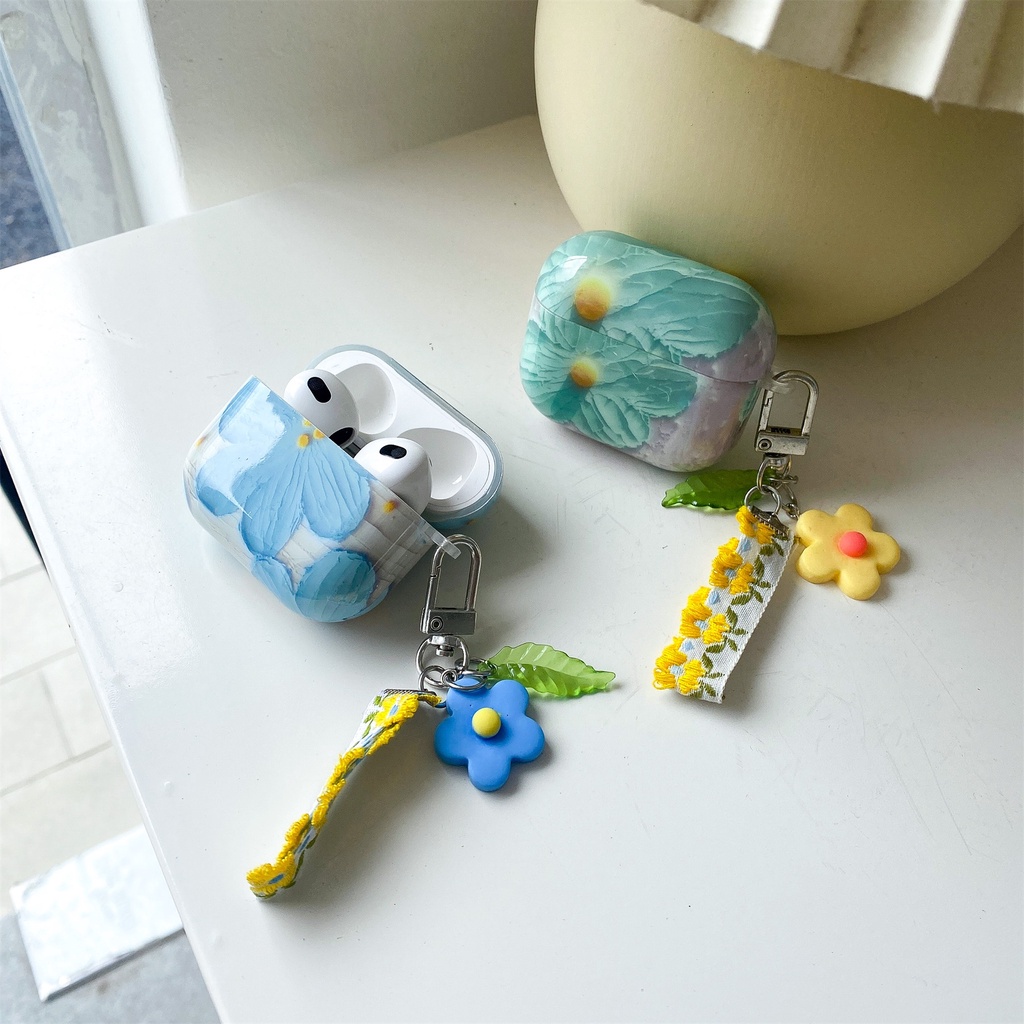 Vỏ Bảo Vệ Hộp Sạc Tai Nghe Bluetooth Không Dây AirPods 1 2 pro 3 2021 gen3 Hình Hoa Màu Xanh Lá Sáng Bóng