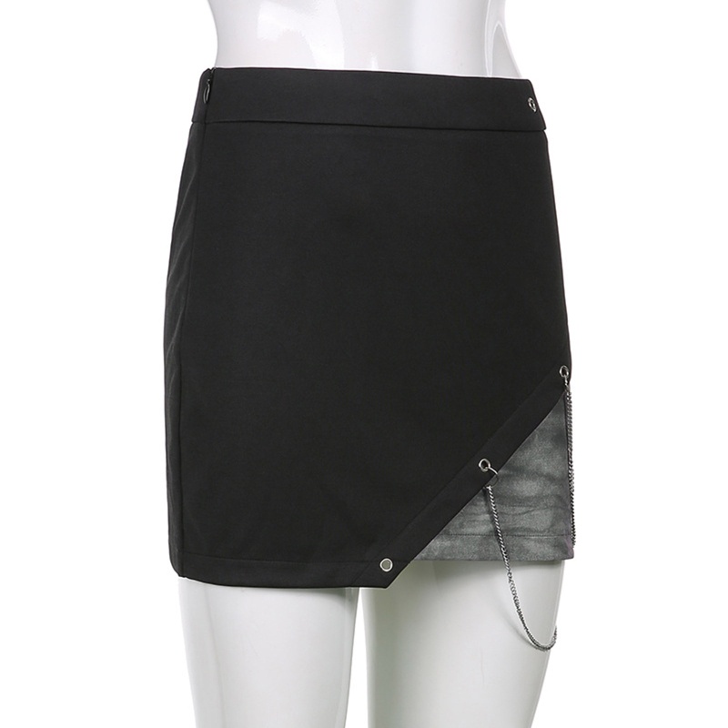 Chân Váy Ngắn Lưng Cao Màu Đen Phối Dây Xích Thời Trang Đường Phố Cá Tính Cho Nữ