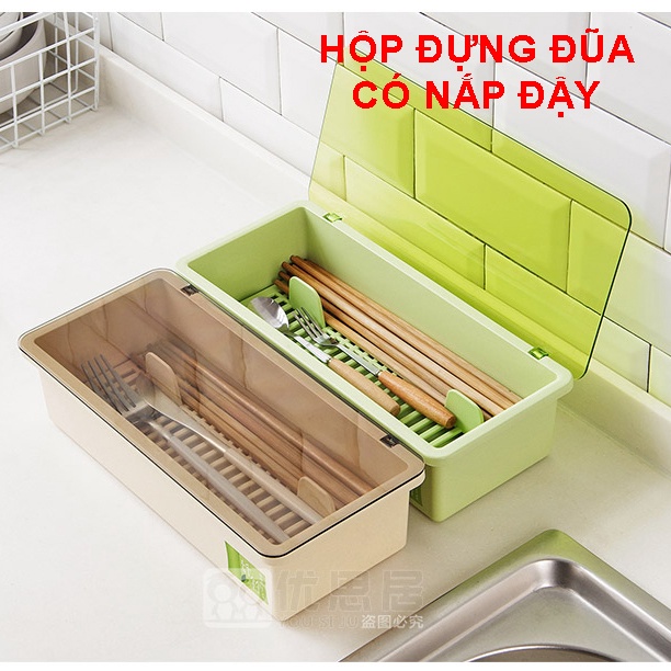 Hộp Đựng Thìa Đũa Sợi Tre Để Bàn Có Nắp Đậy, Có Thoát Nước, Hàng Cao Cấp
