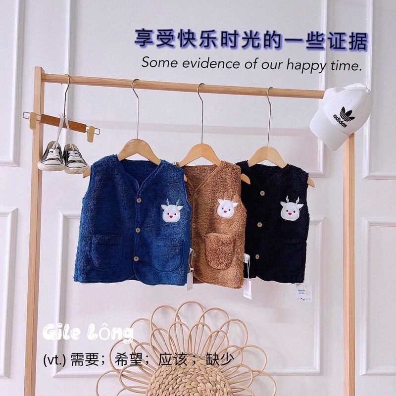 Áo Khoác Gilê Lông Thỏ Siêu mềm Mịn Thêu 2 Túi Cực Dễ Thương Cho Bé