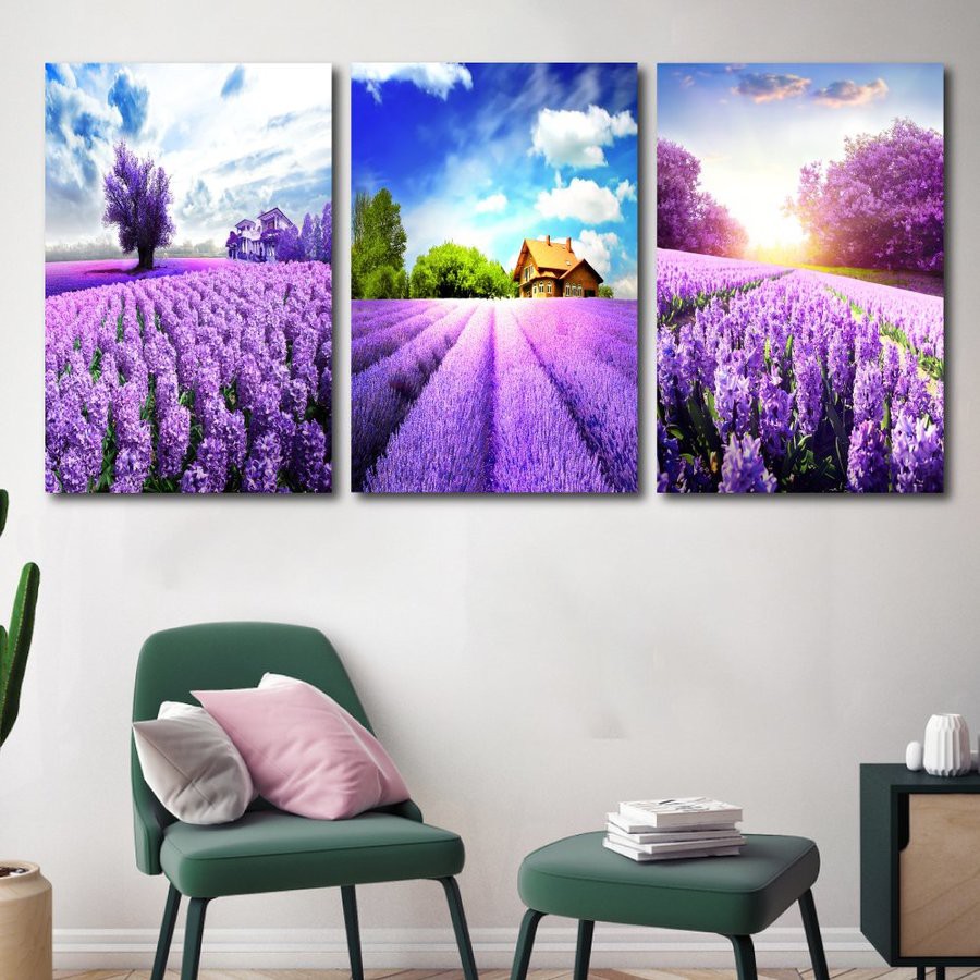 Tranh treo tường canvas phong cảnh cánh đồng sắc tím decor trang trí phòng khách phòng ngủ có khung cao cấp cỡ lớn 40x60