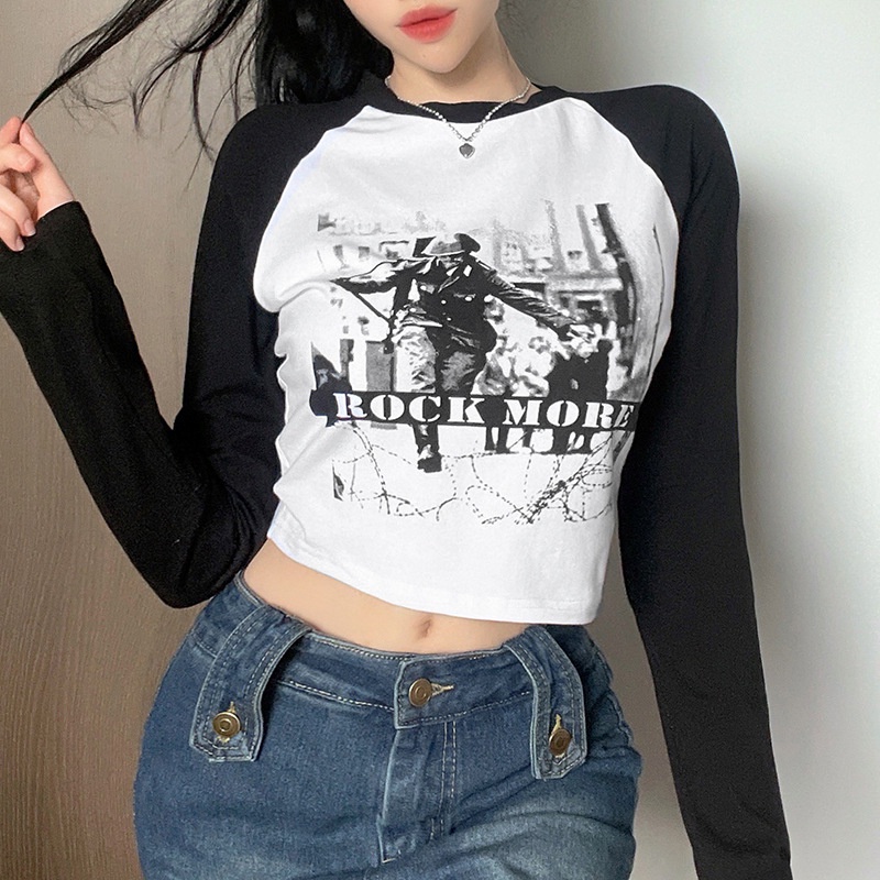 Áo croptop phối màu tương phản in hình cho nữ