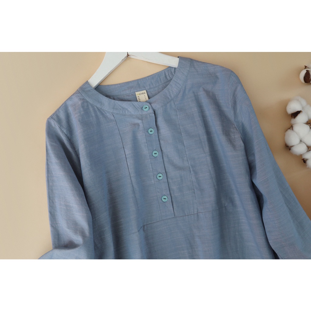 Áo Linen kiểu tay lững KACHISA màu xanh phối nút