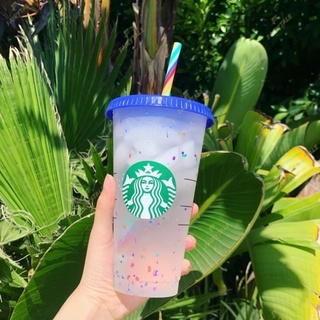 Bình nhựa Starbucks hoa giấy đổi màu kèm ống hút