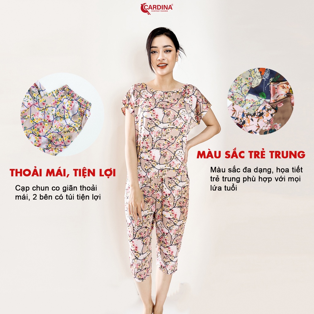 Đồ Bộ Nữ 𝐂𝐀𝐑𝐃𝐈𝐍𝐀 Chất Lụa Satin Cao Cấp Áo Cổ Thuyền Quần Lửng Họa Tiết 2SF09