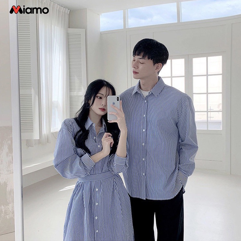 [Freeship] Set đồ đôi áo sơ mi nam váy nữ kẻ sọc phong cách Hàn thời trang Miamo MO090