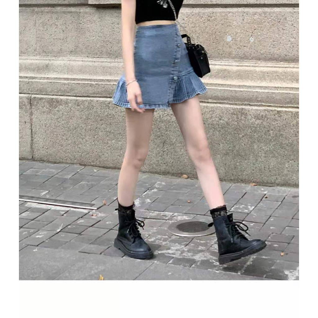 Chân váy jean lưng cao phong cách Hàn Quốc cho nữ