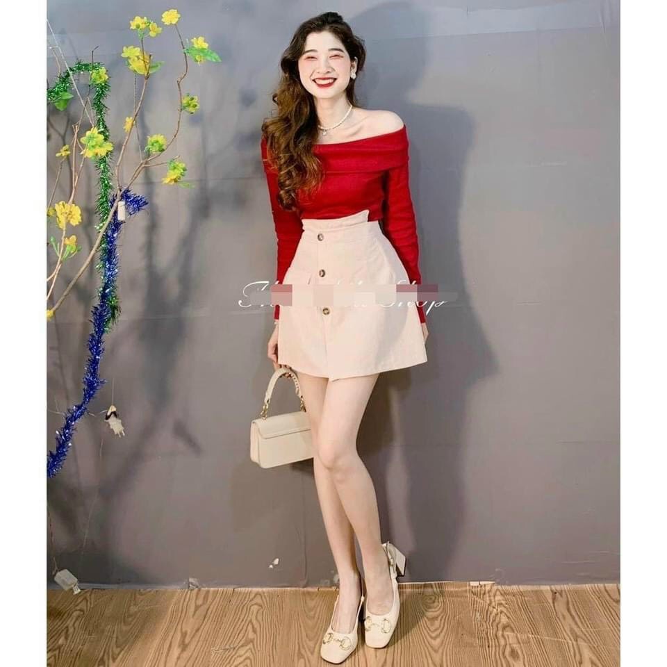 [ Miễn phí ship 2022 ] Set bộ tiểu thư, set áo trễ vai đỏ tay dài chân váy lệch phối nút, bộ bẹt vai sành điệu