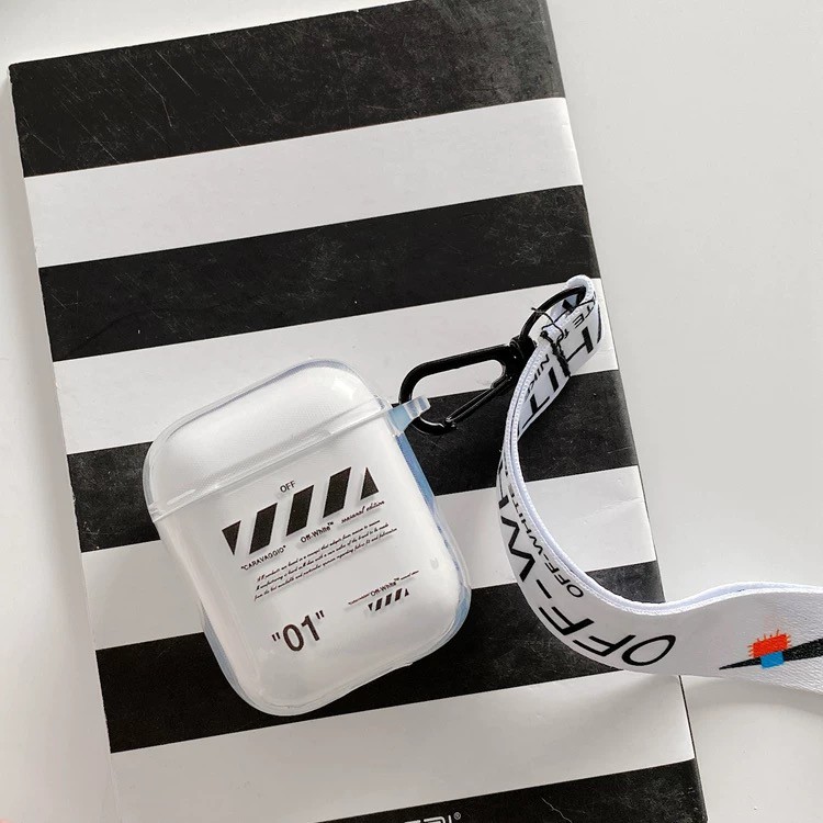 Vỏ bọc hộp đựng tai nghe Airpods 1/2 mềm mại trong suốt in họa tiết “Nike x Off-White” có dây đeo