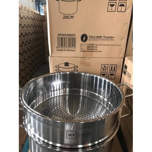 Bộ nồi và xửng hấp inox 430 bếp từ 1 đáy HT COOK 28cm nắp kính dùng được bếp từ