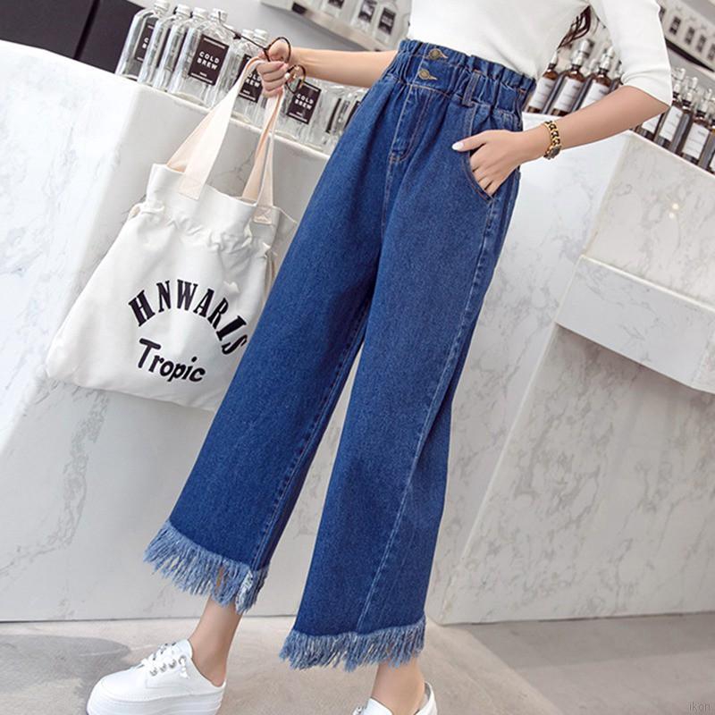 Quần jean nữ lưng cao ống rộng màu trơn sành điệu