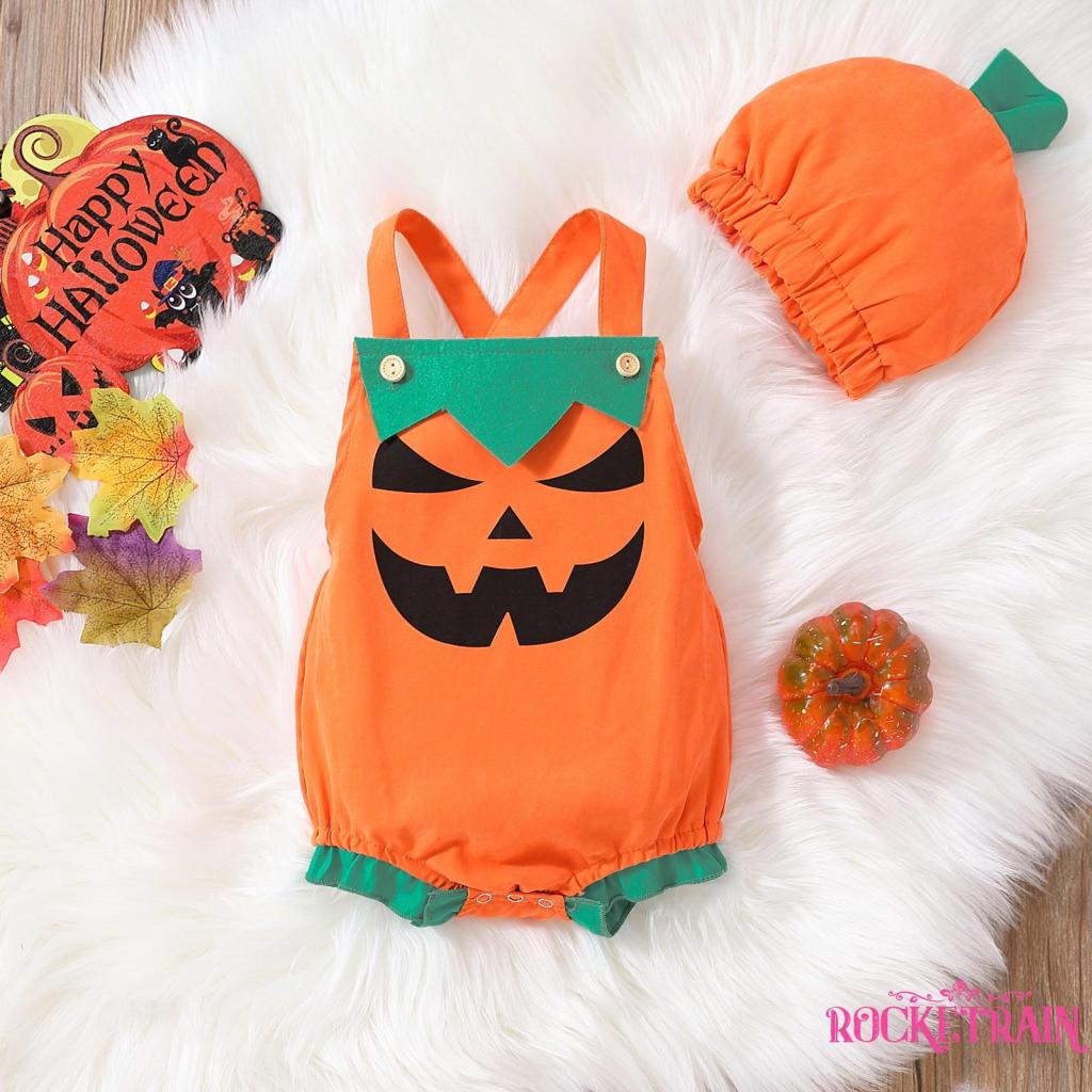 Bộ Áo Liền Quần Cổ Vuông In Họa Tiết Bí Ngô + Nón Thời Trang Cho Bé Trai Và Gái 0-24 Tháng Tuổi