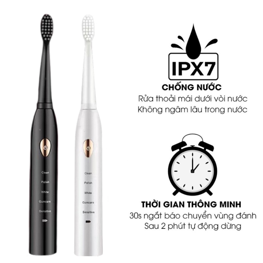 Bàn chải đánh răng điện X1 Pro, bàn chải đánh răng điện có 5 chế độ chăm sóc răng tặng kèm 4 đầu bàn chải chống nước