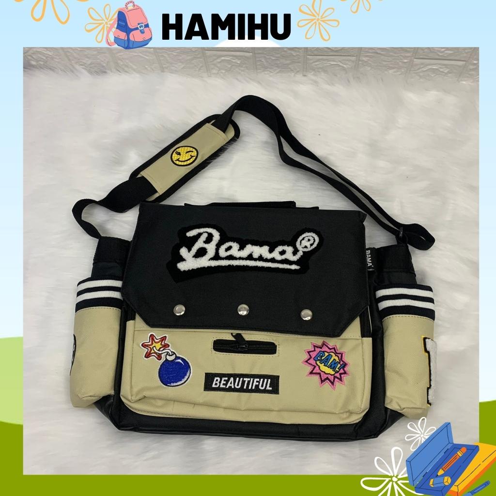 Túi đeo chéo có thêu chữ BAMA, Túi đeo chéo đi học Hamihu HM11 có đường may chắc chắn, túi có 2 màu xanh và đen