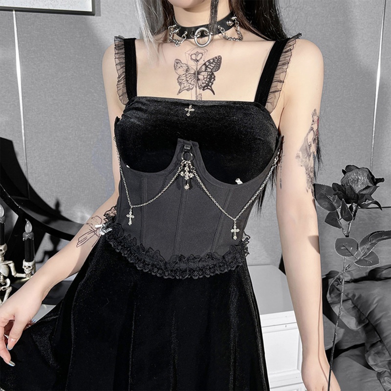 Đai Nịt Bụng Corset Màu Trơn Có Dây Xích Lủng Lẳng Điều Chỉnh Được Thời Trang Gothic Cho Nữ