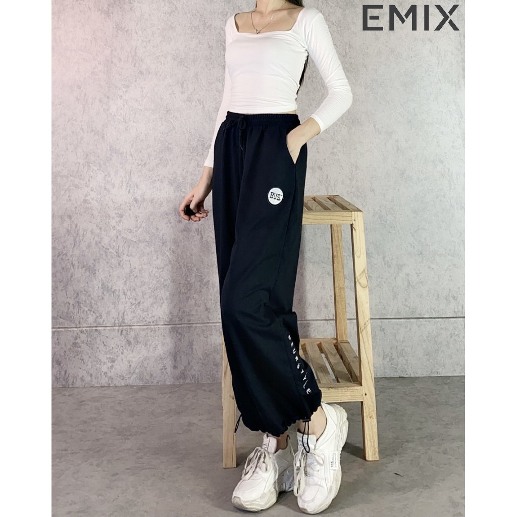 Quần nỉ nữ ống rộng EMIX (màu đen, dáng dài, lưng chun, bo gấu, form thụng, vải nỉ, mềm mịn, không bai xù