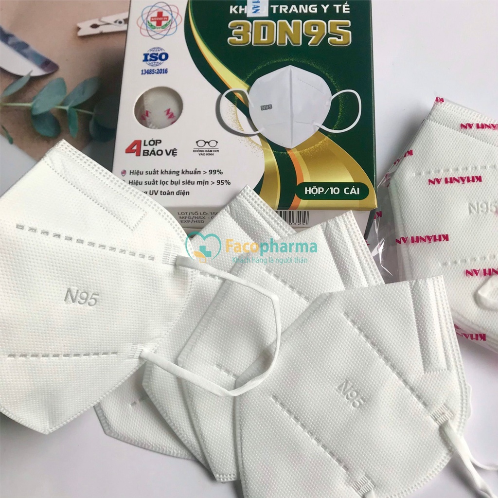 Khẩu trang y tế 3D chính hãng 4 lớp kháng khuẩn chống bụi mịn 3DN95 Khánh An hộp 10 cái KA3DN95O