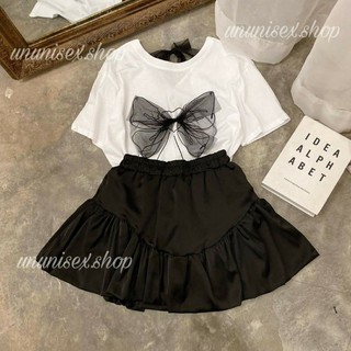 Áo thun tay lỡ nơ ngực + chân váy ullzang,áo phông tay lỡ nơ ngực + chân váy ullzang