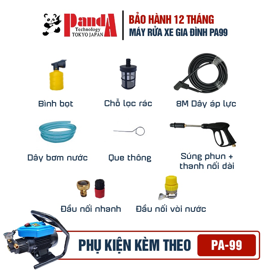 Máy Rửa Xe Panda PA99, Công suất 2200W, Khung thép, Motor to, Máy siêu bền