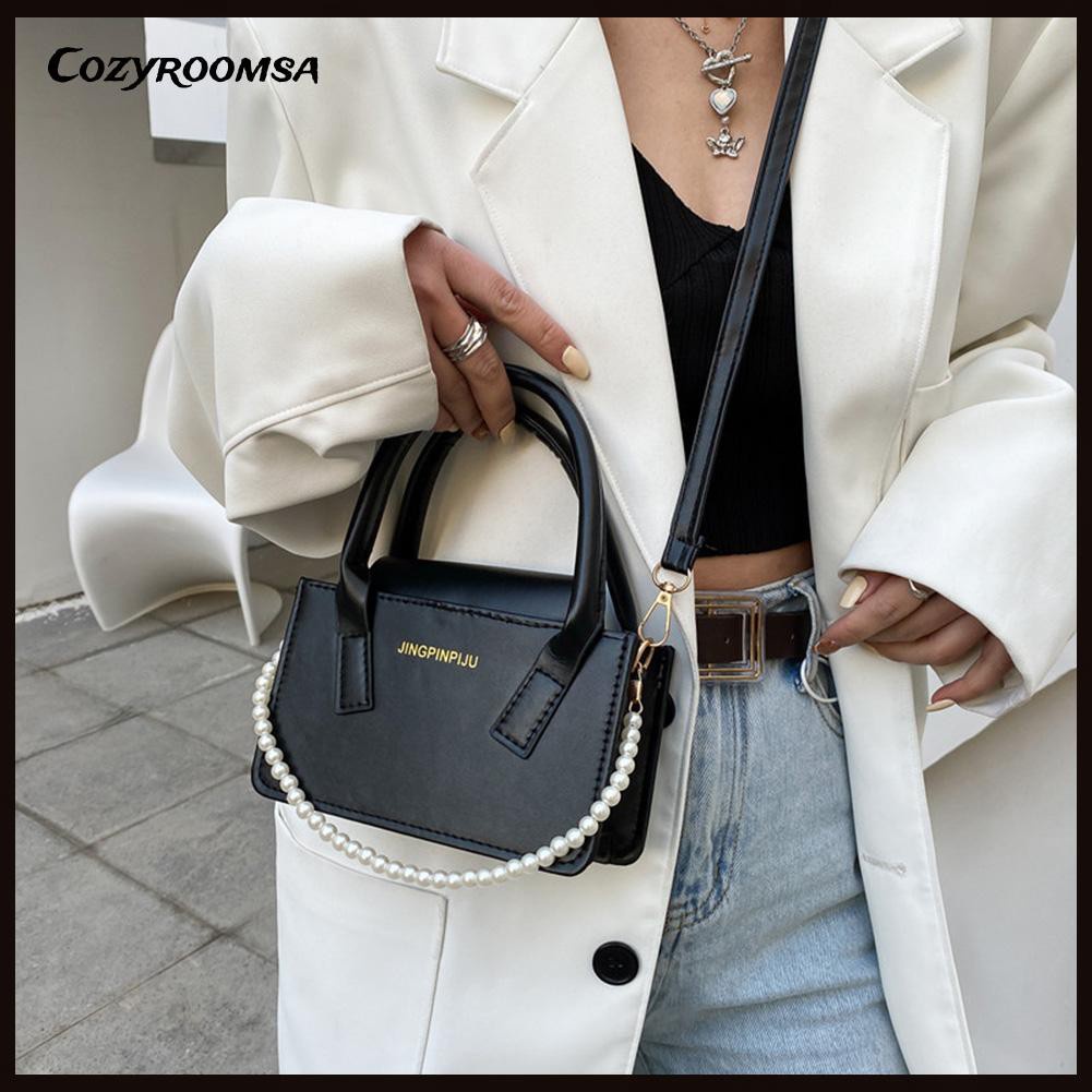 Fashion Women PU Leather Pure Color Shoulder Bag Pearl Top-handle Handbag