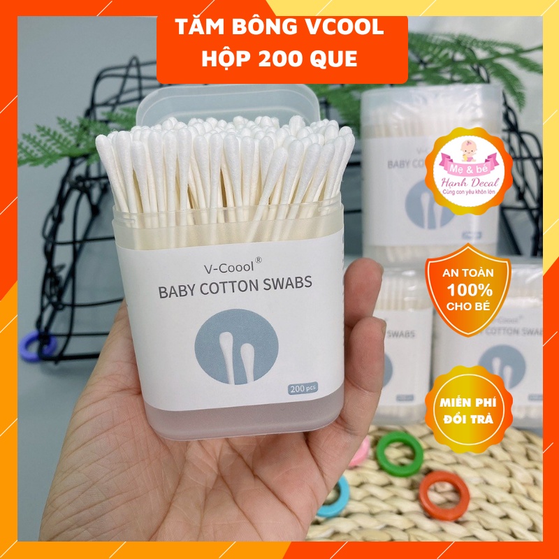 Tăm bông trẻ em Vcool kháng khuẩn  hộp 200 que lõi giấy cho bé sơ sinh