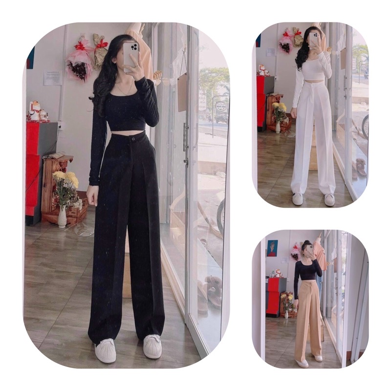 Quần Ống Rộng Suông lưng cao khóa trước 1 khuy chất tuyết mưa khuy giữa quần culottes ống xuông cạp cao cho nữ | WebRaoVat - webraovat.net.vn