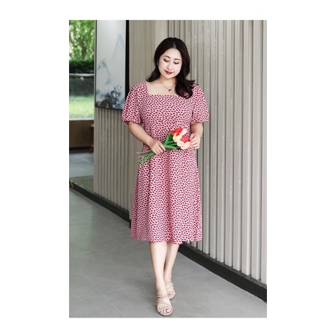 Đầm maxi vải màu hồng họa tiết tim đỏ big size dự tiệc size lớn 80-130kg