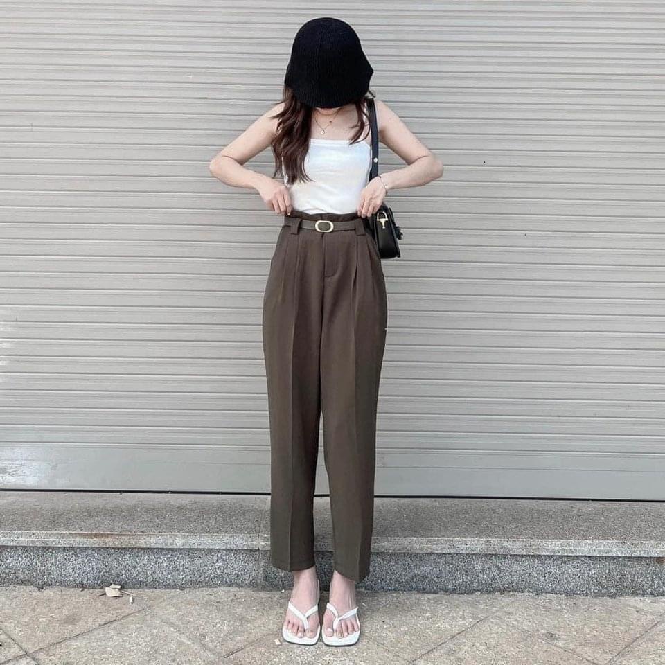 Quần vải nữ cạp cao đi học, quần baggy nữ lưng cao DOLOXI kèm đai Q306