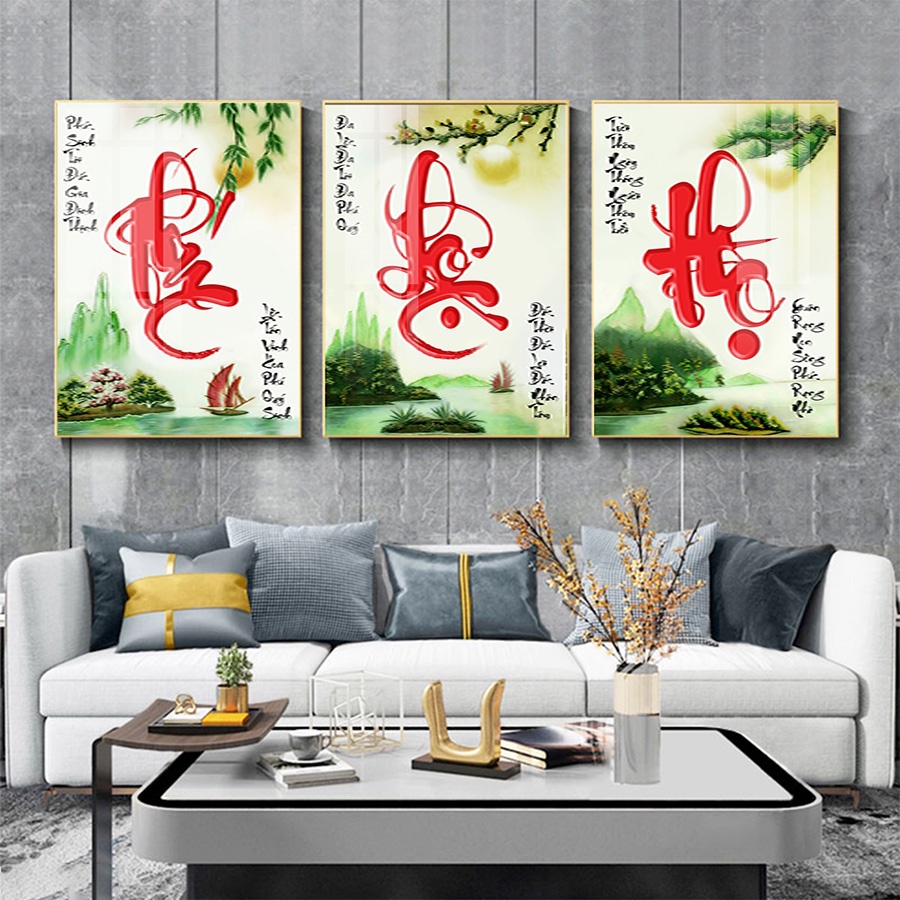 Tranh Treo Tường Phúc Lộc Thọ - Tranh Mừng Thọ Chữ Thư Pháp Laminate Tráng Gương