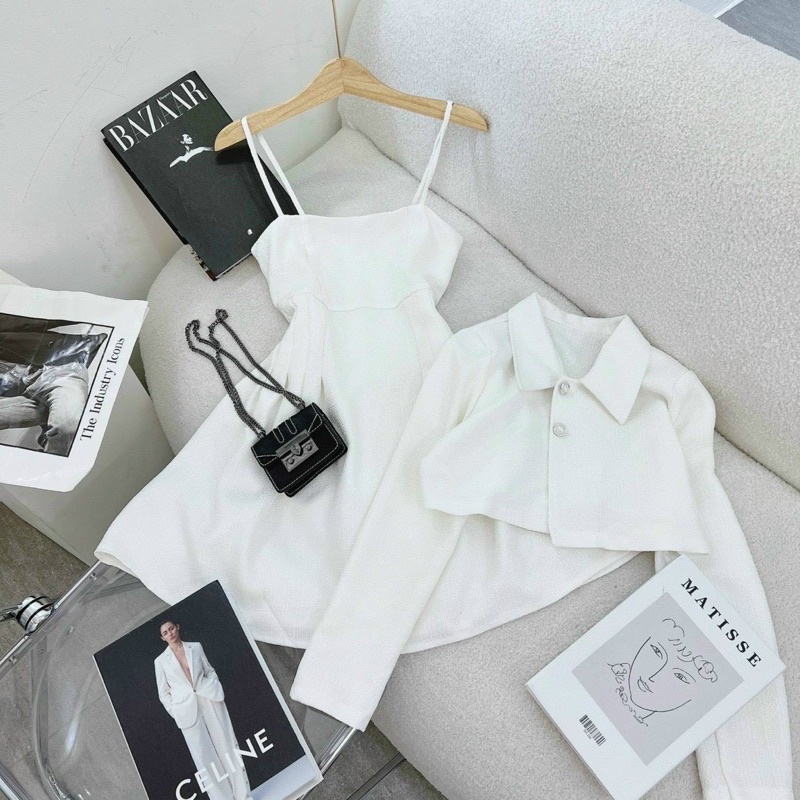 SET ĐẦM DẠ 2 DÂY TRẮNG  KÈM KHOÁC CROP VEST