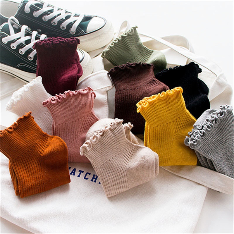 Thời Trang Vớ Cotton Mềm Màu Trơn Phối Ren Nhún Bèo Dễ Thương Chất Lượng Cao Cho Nữ