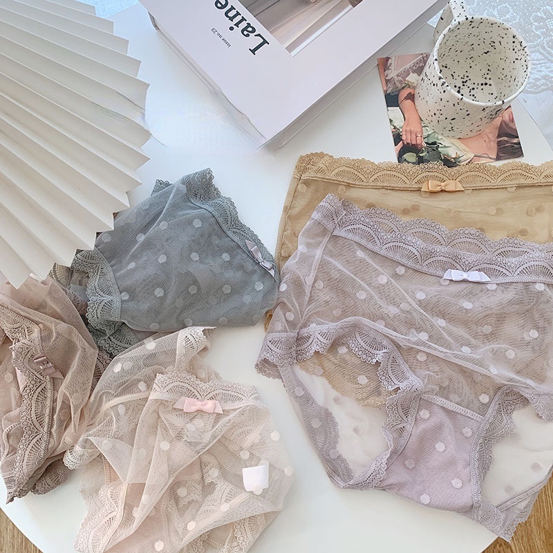 Quần Lót Lưới Siêu Mỏng Lưng Cao Họa Tiết Chấm Bi Phong Cách Nhật Bản Cho Nữ