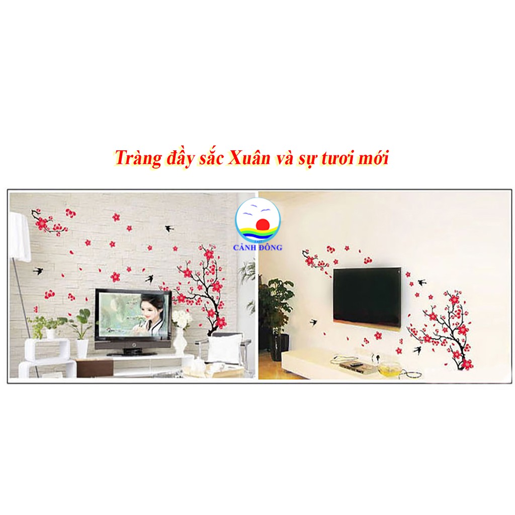 Decal dán tường tết phong cảnh hoa đào chim Yến hỉ dán được trên kính, gỗ