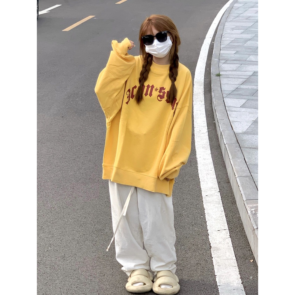 Welove1 Áo Nỉ Cổ Tròn Màu Vàng In Họa Tiết Vintage Mỹ Dễ Thương