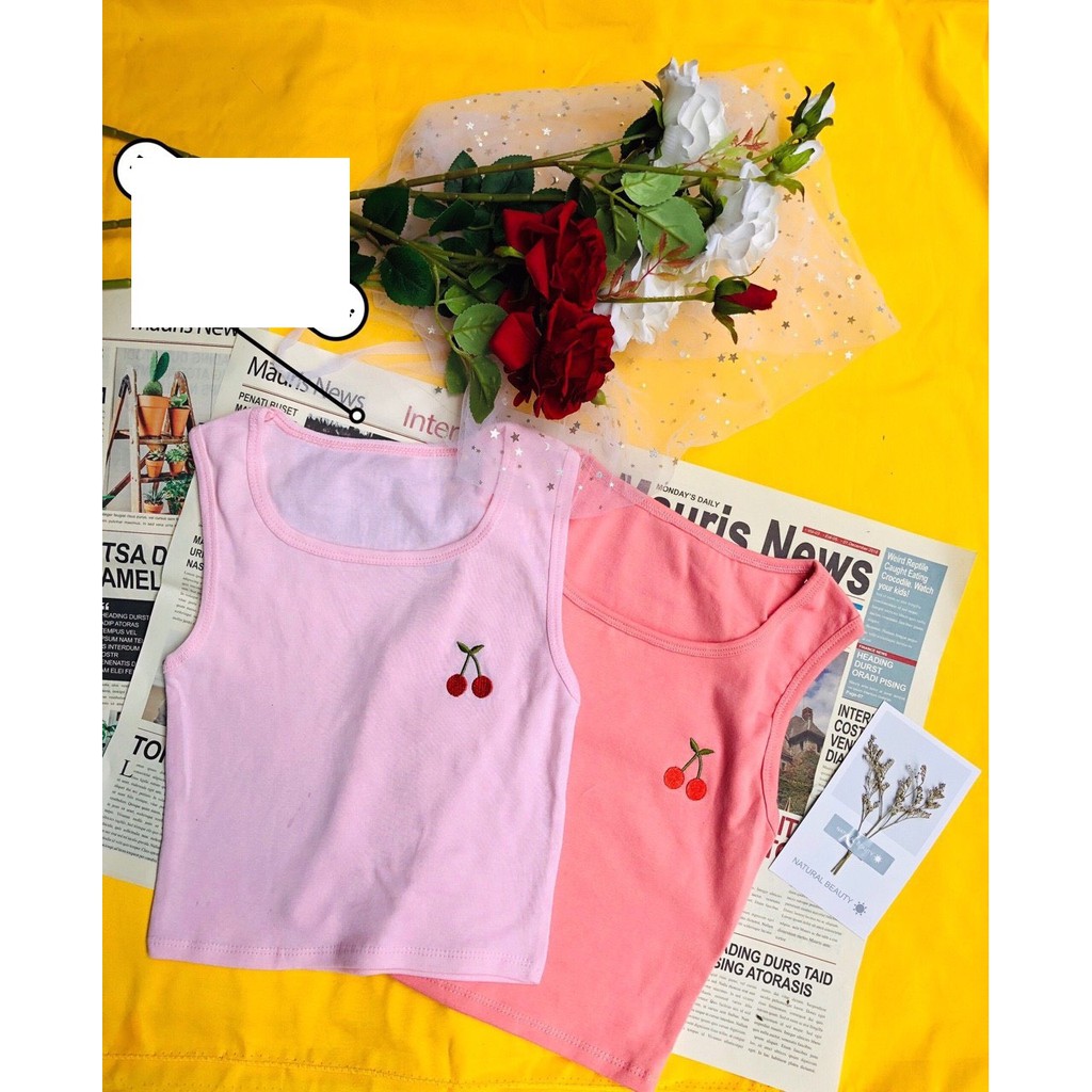 Áo kiểu cọc tay cổ tròn thêu trái cherry xinh xắn siêu xinh xắn