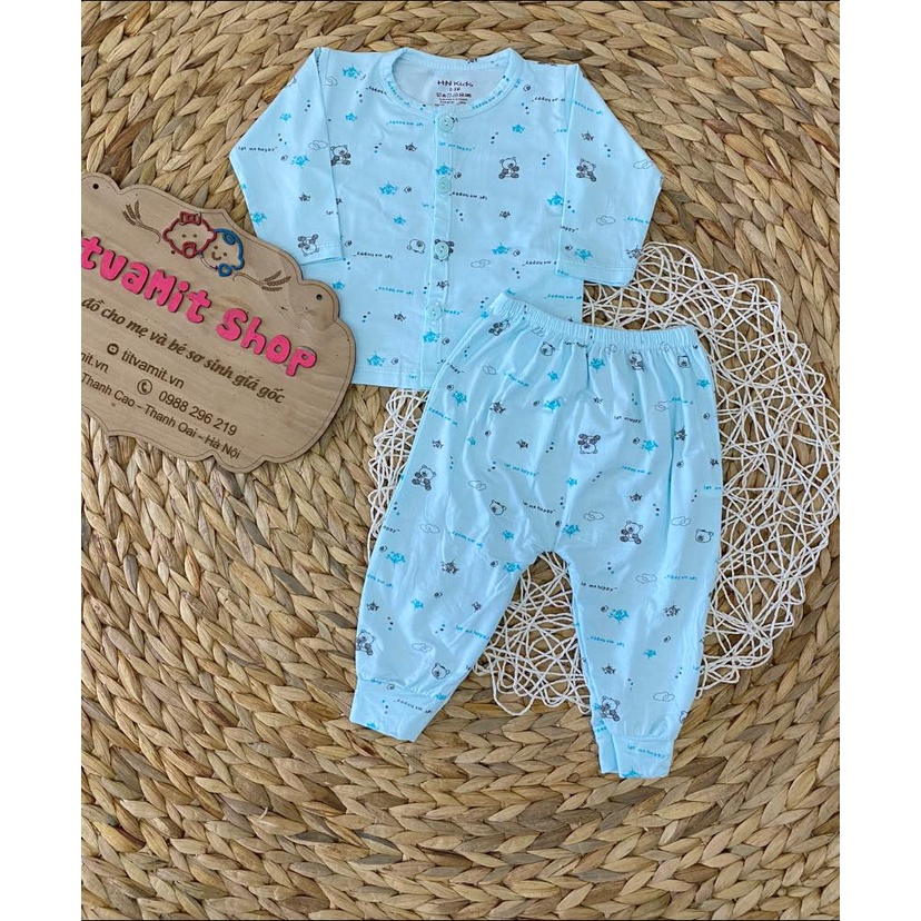 Bộ dài hnkids peptit cúc giữa màu họa tiết, bộ dài tay cho bé trai, bé gái