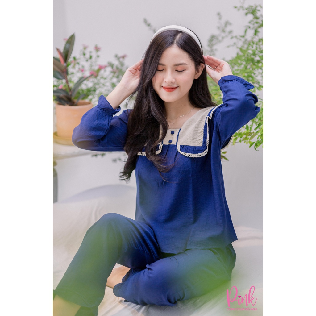Bộ Đồ Ngủ Pijama Nữ Xanh Dương Vải Đũi Xốp Bộ Mặc Nhà Tay Dài Quần Dài Thoáng Mát Chất Đẹp Cao Cấp Phong Cách Hàn Quốc