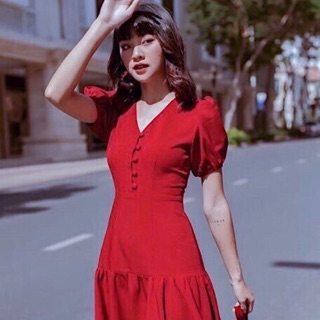 Đầm váy freesize đỏ đuôi cá nút bọc