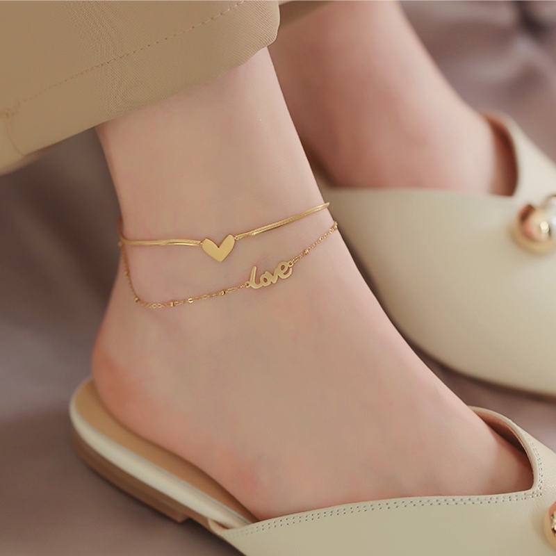 Lắc chân titan không gỉ thiết kế 2 lớp và họa tiết chữ Love phong cách 2023 mới sành điệu